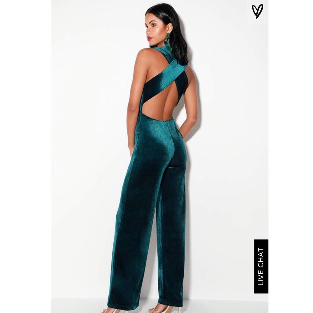 DARK TEAL VELVET BACKLESS JUMPSUIT